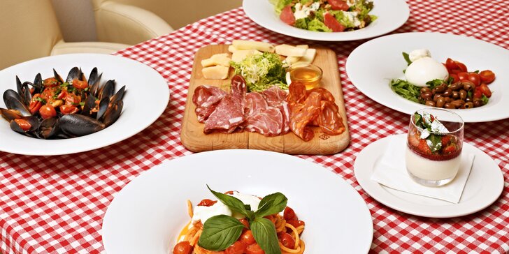 Tříchodové menu pro dva: burrata, pasta, pizza, tiramisú a další delikatesy, lze i s lahví vína