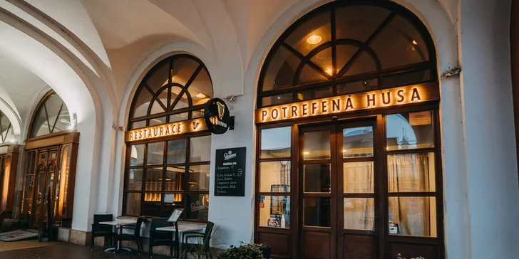 Potrefená Husa v centru Hradce: tříchodové menu s králičím hřbetem i přípitkem pro 2 osoby