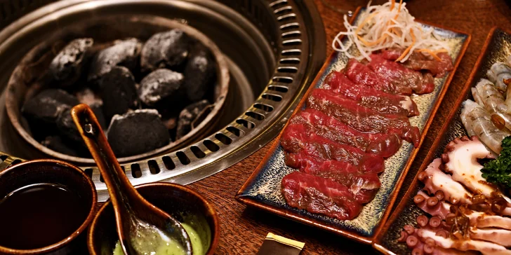 Luxusní degustační menu na gril: japonské hovězí Wagyu, krevety i chobotnice a lahev vína