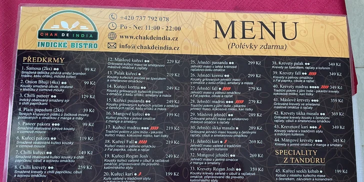 Otevřený voucher na jídlo i pití do indické restaurace: 300, 500 a 1000 Kč