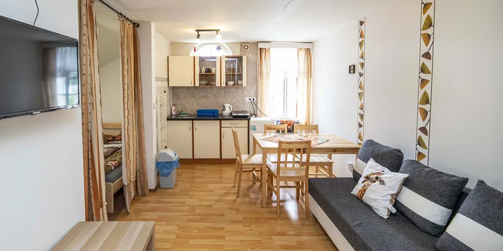 Apartmány jsou prostorné a je v nich i společenská část, kde si můžete v klidu posedět (apartmán Glorie).