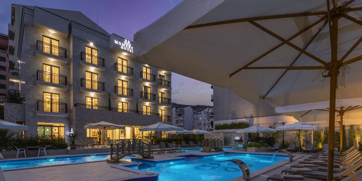 Dovolená v Černé Hoře: elegantní hotel v Budvě s venkovním bazénem a snídaní, dítě zdarma