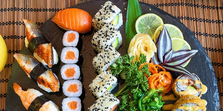 Sushi sety s 28, 63 a 64 kousky: maki, nigiri a další rolky s rybami i zeleninou