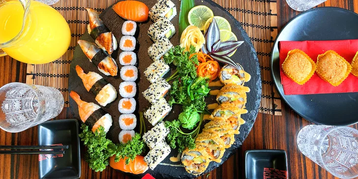 Sushi sety s 28, 63 a 64 kousky: maki, nigiri a další rolky s rybami i zeleninou