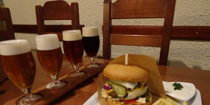 Hovězí burger, hranolky a degustace řemeslných piv pro 1 osobu