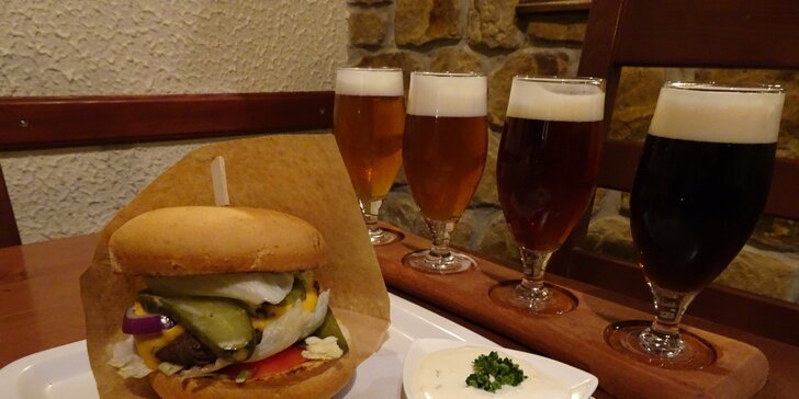 Hovězí burger, hranolky a degustace řemeslných piv pro 1 osobu