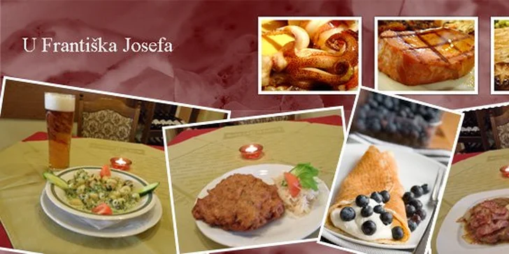 199 Kč za menu pro DVA v restauraci U Františka Josefa v hodnotě 448 Kč. Výběr z pěti jídel, nealko nebo dokonale chlazené pivo, káva a sladká tečka se slevou 55%.