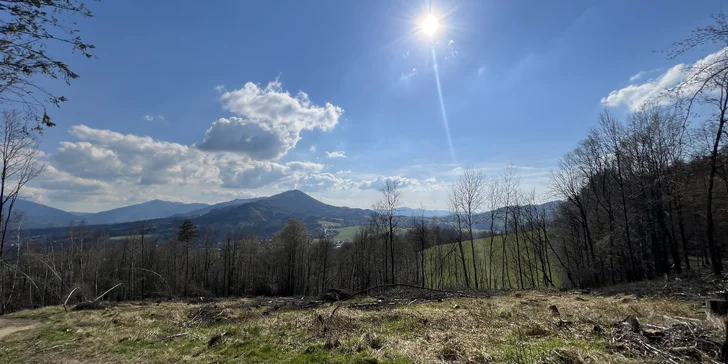 Piknikový koš v podhůří Beskyd: kvalitní víno, ovocná mísa, výběr holandských sýrů s výhledem na Beskydy