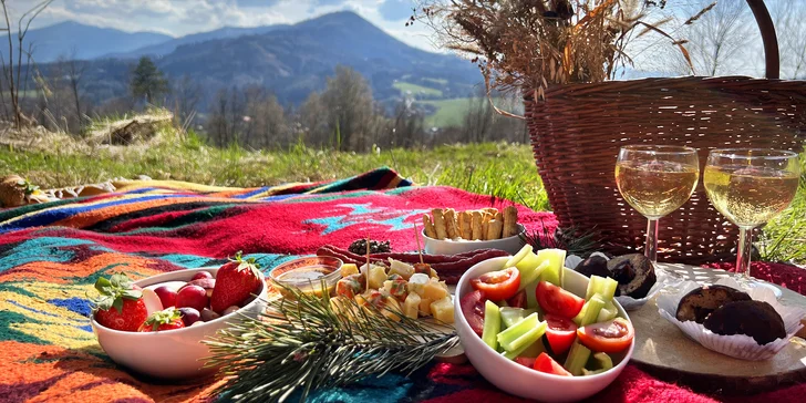 Piknikový koš v podhůří Beskyd: kvalitní víno, ovocná mísa, výběr holandských sýrů s výhledem na Beskydy