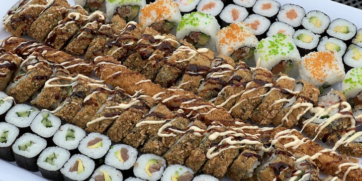 Sushi sety s 63 až 106 ks: maki, nigiri i tempura s rybami i zeleninou