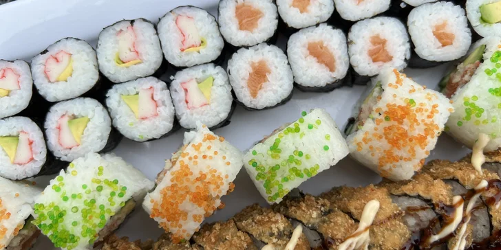 Sushi sety s 63 až 106 ks: maki, nigiri i tempura s rybami i zeleninou