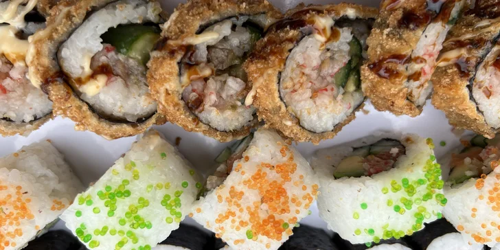 Sushi sety s 63 až 106 ks: maki, nigiri i tempura s rybami i zeleninou