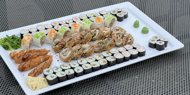 Sushi sety s 63 až 106 ks: maki, nigiri i tempura s rybami i zeleninou