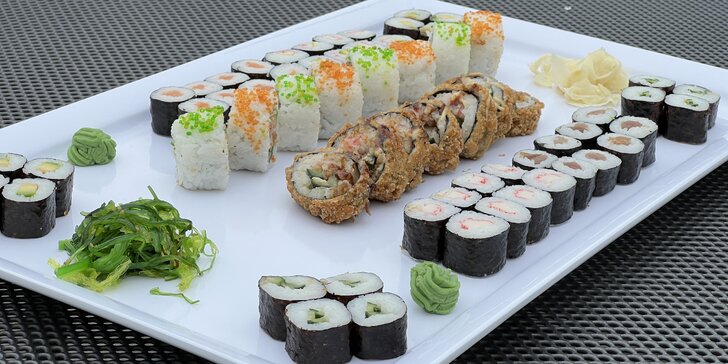 Sushi sety s 63 až 106 ks: maki, nigiri i tempura s rybami i zeleninou
