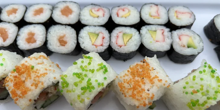 Sushi sety s 63 až 106 ks: maki, nigiri i tempura s rybami i zeleninou