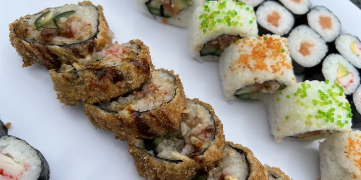 Sushi sety s 63 až 106 ks: maki, nigiri i tempura s rybami i zeleninou