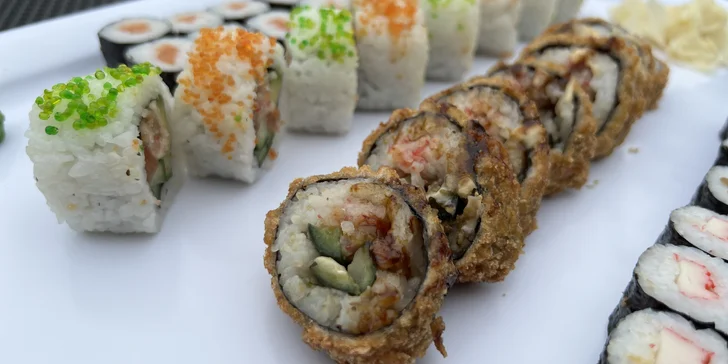 Sushi sety s 63 až 106 ks: maki, nigiri i tempura s rybami i zeleninou