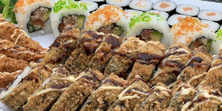 Pestré sety s až 96 kousky sushi s rybami, krabem, avokádem i zeleninou