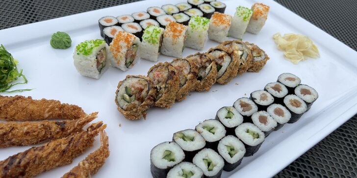 Pestré sety s až 96 kousky sushi s rybami, krabem, avokádem i zeleninou