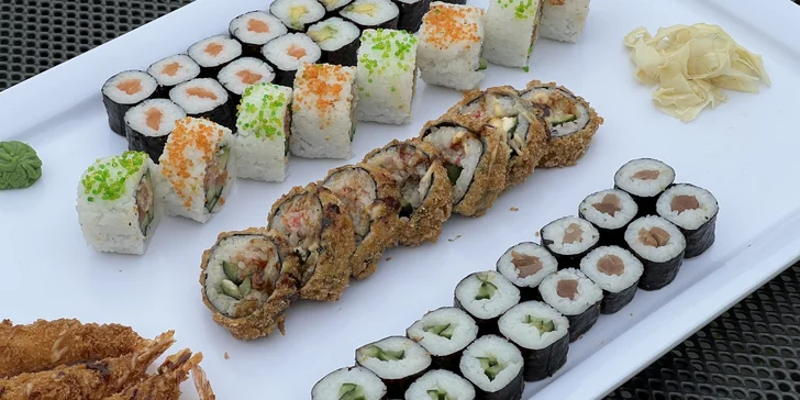 Pestré sety s až 96 kousky sushi s rybami, krabem, avokádem i zeleninou