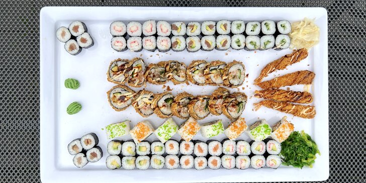 Sushi sety s 63 až 106 ks: maki, nigiri i tempura s rybami i zeleninou