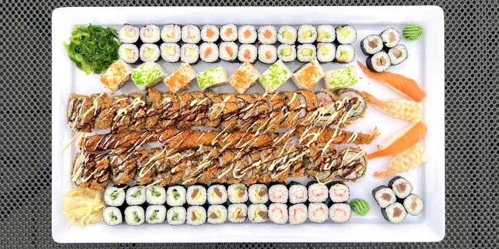 Sushi sety s 63 až 106 ks: maki, nigiri i tempura s rybami i zeleninou