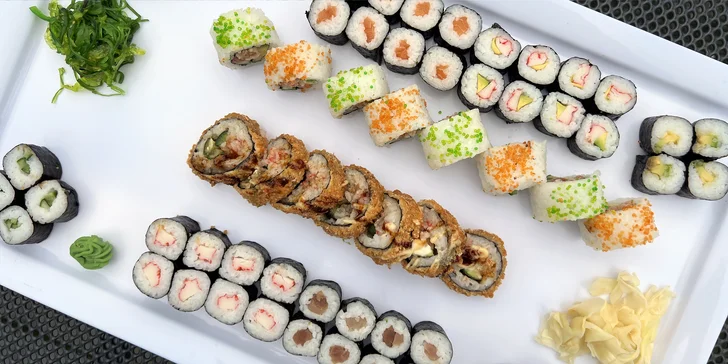 Sushi sety s 63 až 106 ks: maki, nigiri i tempura s rybami i zeleninou