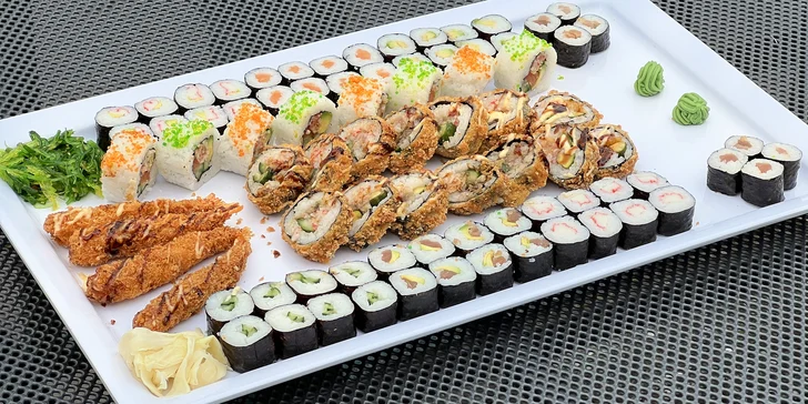 Sushi sety s 63 až 106 ks: maki, nigiri i tempura s rybami i zeleninou