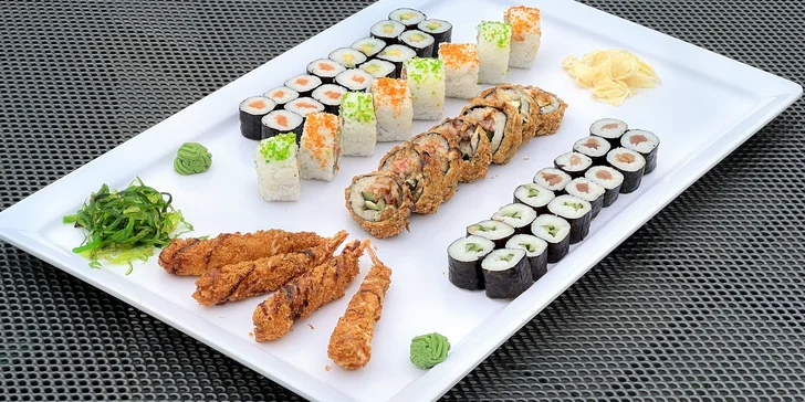 Pestré sety s až 96 kousky sushi s rybami, krabem, avokádem i zeleninou