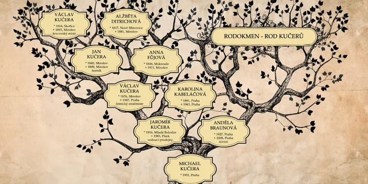 Rodokmen z otcovské nebo mateřské linie až do 5. generace i s přílohami a rodovým stromem