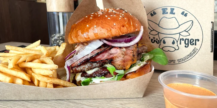 Hovězí cheese and bacon i double burger vč. hranolků a dipu: 1-2 osoby