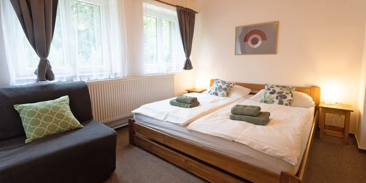 Apartmány v Jizerkách až pro 6 osob: dárek, lahev sektu na pokoji, zahrada, gril, dětské hřiště