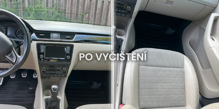Čištění interiéru auta: vysátí, tepování textilních i kožených sedaček, oživení plastů, provonění
