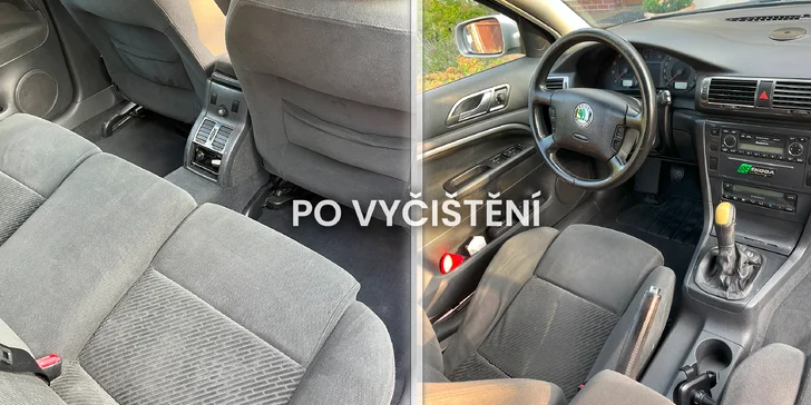 Čištění interiéru auta: vysátí, tepování textilních i kožených sedaček, oživení plastů, provonění