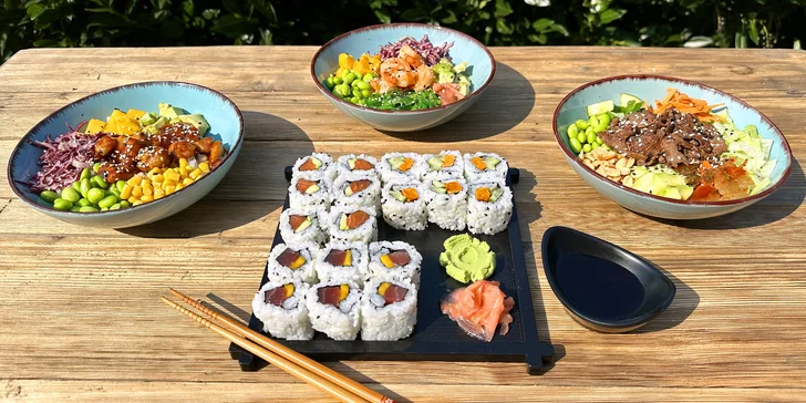 Poke bowl podle výběru ze 6 druhů i sushi sety na odnos s sebou