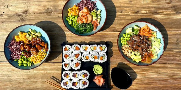 Poke bowl podle výběru ze 6 druhů a sushi nebo sushi set na odnos s sebou