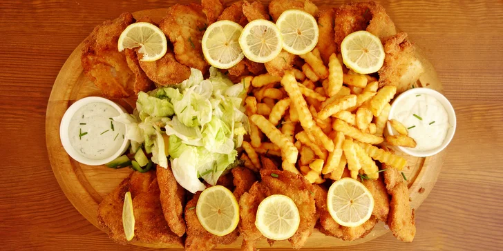 Řízkové prkno o váze až 1,5 kg, hranolky a dipy: stripsy, kotleta a kuřecí