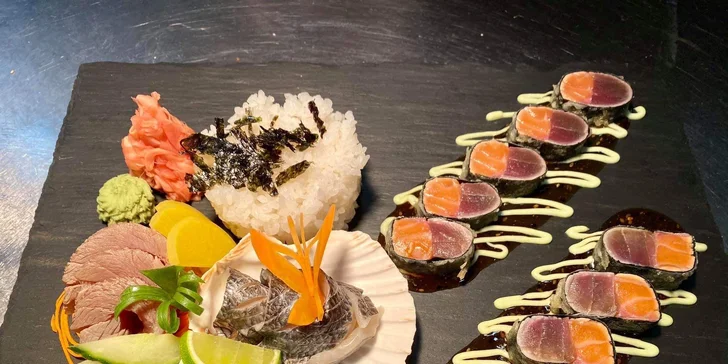 Sushi sety o 14–34 ks ve Vršovicích: maki i nigiri losos, krab a kreveta či vegetariánské rolky