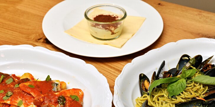 Degustační menu ve vyhlášené italské restauraci: těstoviny s boloňskou i mušlemi, cejn či porchetta a víno