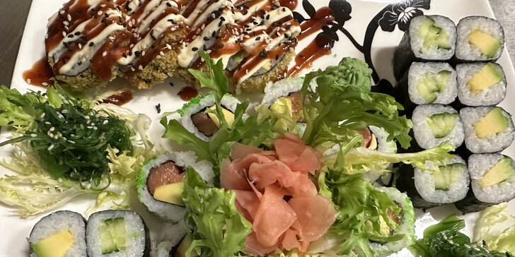 Pestré sushi sety: 16–50 ks s avokádem, krevetami nebo i krabem