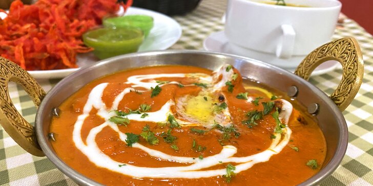 4chodové indické menu pro 2 osoby: polévka, kuřecí či vege hlavní chod i dezert
