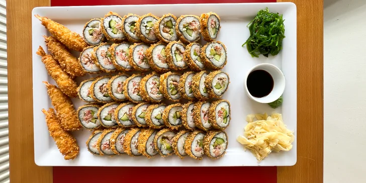 Sushi v tempuře: 21 až 57 ks s lososem, krevetami a krabem