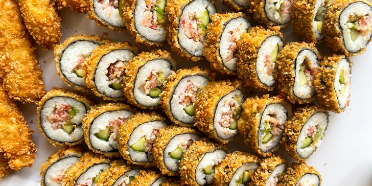 Sushi v tempuře: 21 až 57 ks s lososem, krevetami a krabem