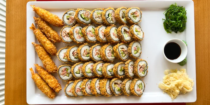 Sushi v tempuře: 21 až 57 ks s lososem, krevetami a krabem