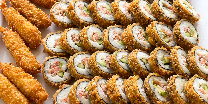Sushi v tempuře: 21 až 57 ks s lososem, krevetami a krabem