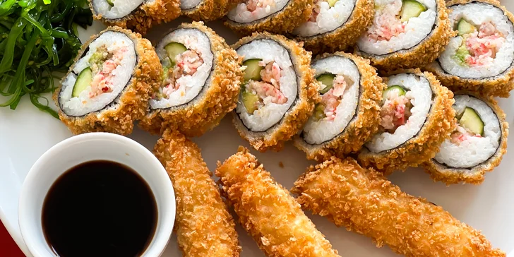 Sushi v tempuře: 21 až 57 ks s lososem, krevetami a krabem