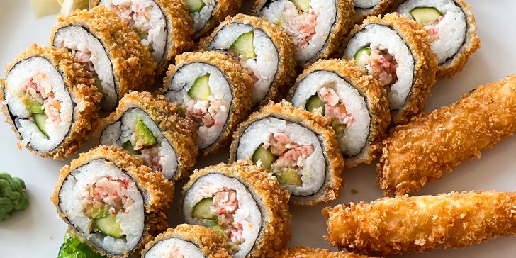 Sushi v tempuře: 21 až 57 ks s lososem, krevetami a krabem