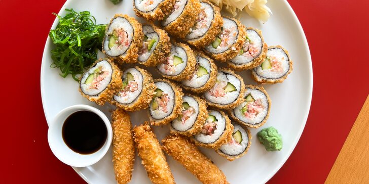 Sushi v tempuře: 21 až 57 ks s lososem, krevetami a krabem