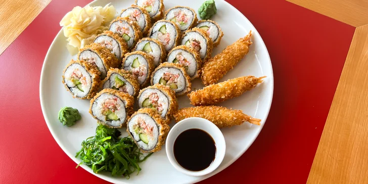 Sushi v tempuře: 21 až 57 ks s lososem, krevetami a krabem