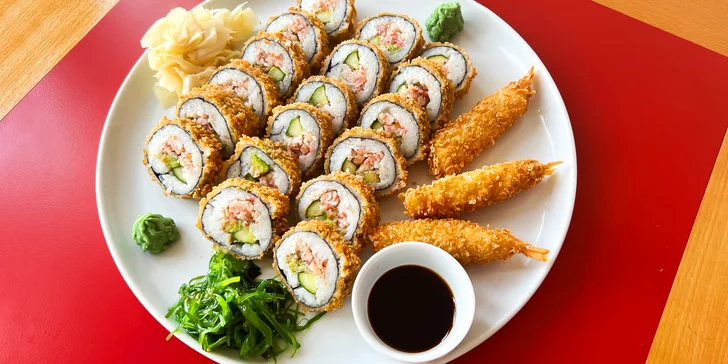Sushi v tempuře: 21 až 57 ks s lososem, krevetami a krabem